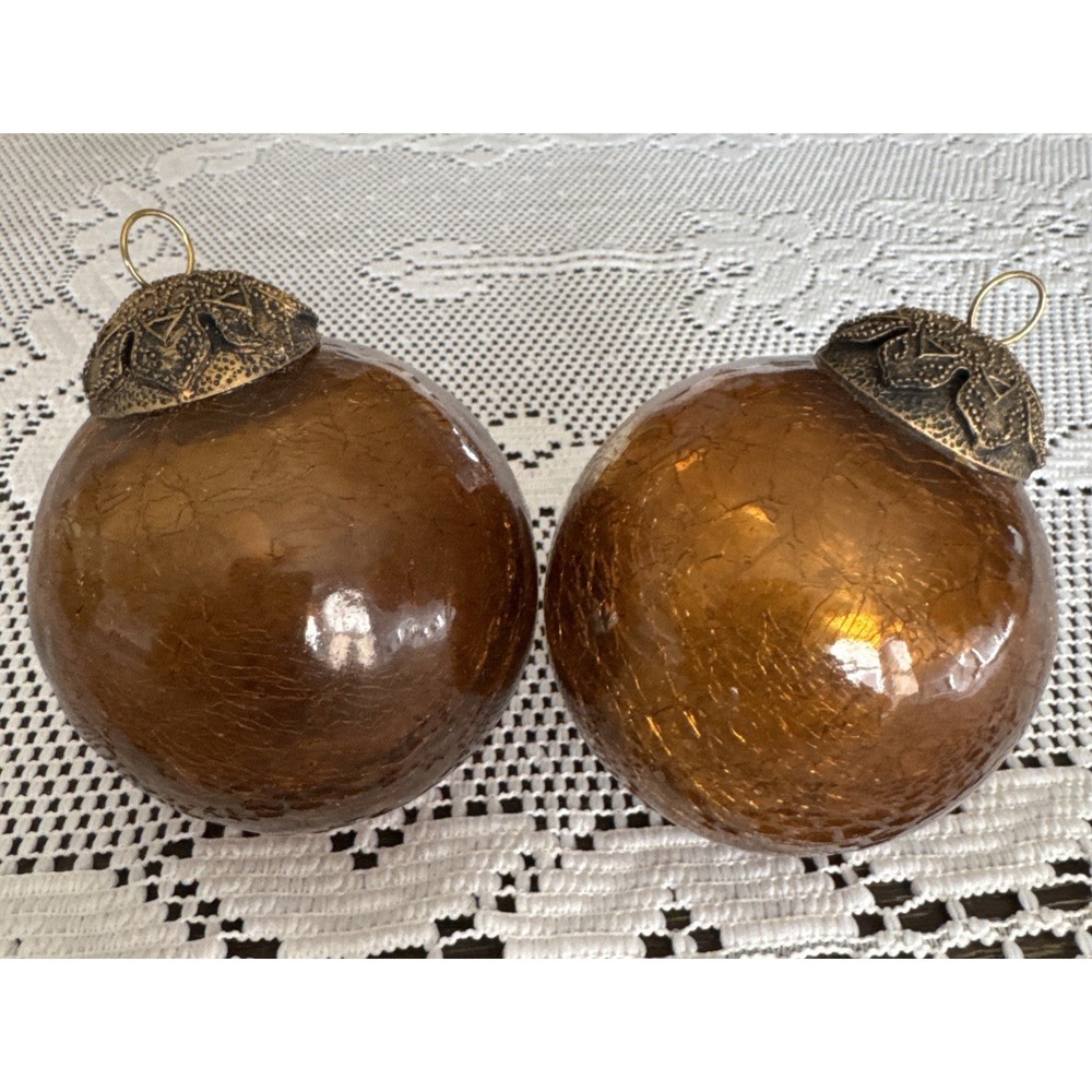 Kugel‎ Lot of 2 Amber Yellow Crackle Glass Ball Ornaments 3" Metal Cap Heavy